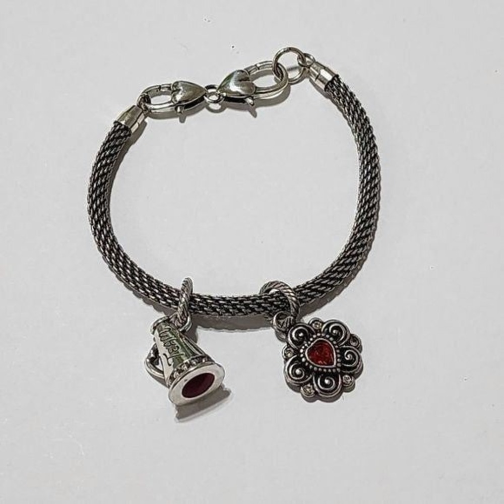 Brighton Charm Bracelet Silver Pl‎ Cheerleader Megaphone Flower Red Rhinestone